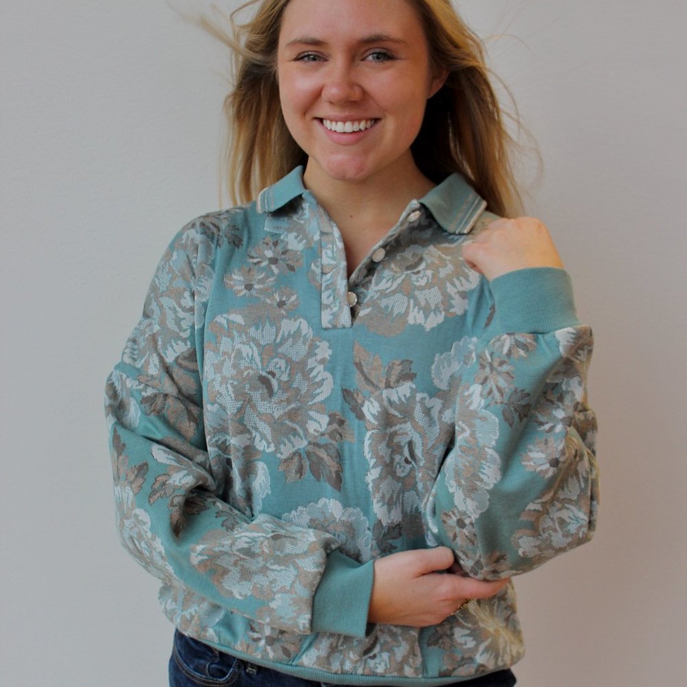 Floral Long Sleeve Clout Polo - Teal